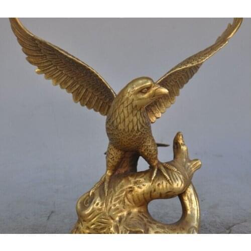 9"Lucky Chinese brass Folk Home FengShui Bird Fly Eagle Hawk On Tree Statue
