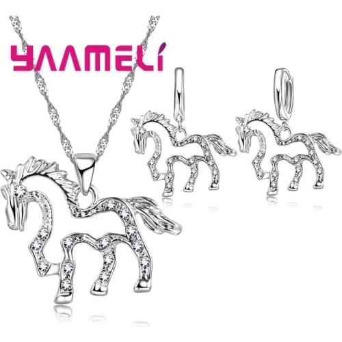 Luxury 925 Sterling Silver Wedding Jewelry Sets Shinning Clear Gemstone CZ Crystal Horse Pendant Necklace Earrings