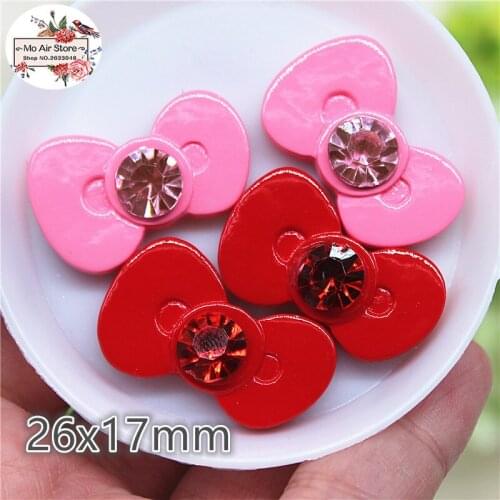 Red/pink acrylic rhinestone shiny bow Resin Flat back Cabochon Art Supply Decoration Charm hair bow center 26x17mm