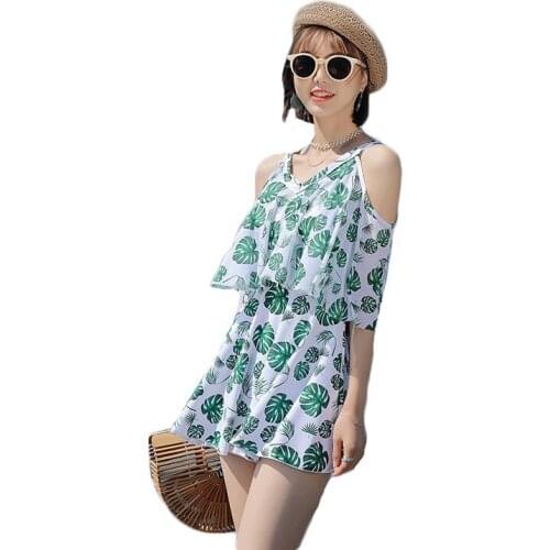 Plus Size V-neck Print Swimsuit Women 2021 Korean Split Swimwear Off-shoulder Skirt Monokini Beach Bathing Suit Female LR1443