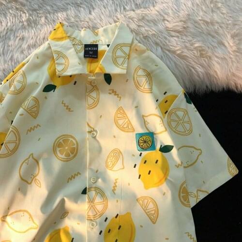 Summer New Womens Mens Korean Version Printed Lemon Short-sleeve Shirt Female Fresh Retro Students Loose Shirt Tops Yellow 2021