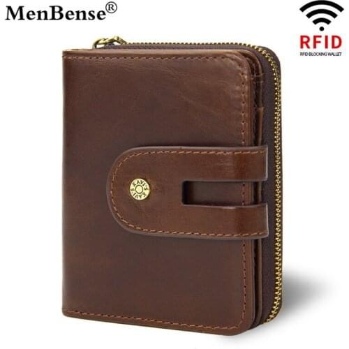 MenBense Men 100% Genuine Leather Short Wallets Zipper Hasp Money Bag Vintage Solid Card Holder Mini Handbag Purse Male Walet