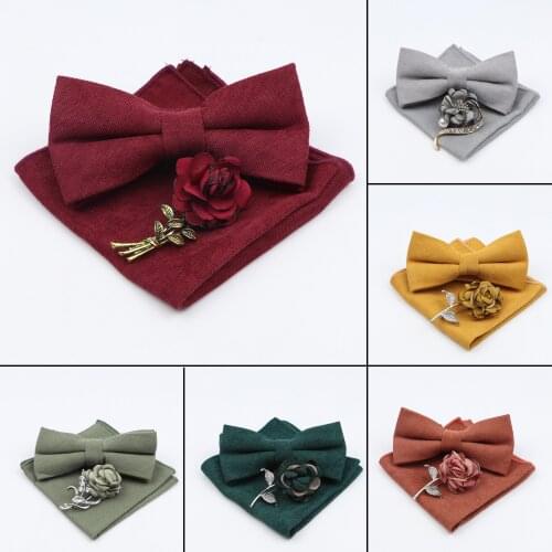 Mens Soft Microsuede Bowtie Pocket Square Set Vintage Rose Floral Plant Brooch Pink Baby Blue Red Butterfly Accessory Male Gift