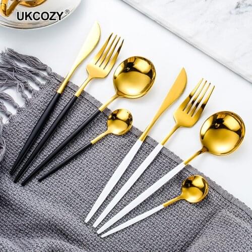 4PCS Stainless Steel Dinner Black Gold Dinnerware Set Knife Fork Coffee Spoon Cutlery Set Kitchen Tableware Silverware Sets