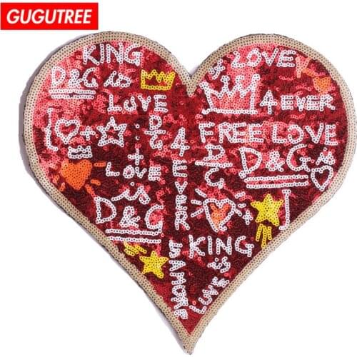 GUGUTREE big paillette patches embroidery patches loving heart patches badges patches for jackets