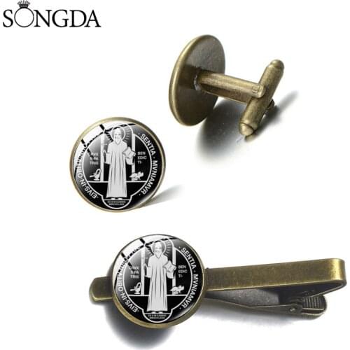 Saint Benedict Medal Cross Creative Cufflinks Tie Clips Art Picture Glass Dome Pattern Cuff Links Mens Shirt Suit Accessories