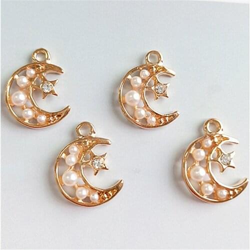 10 PCS 19*13mm Fashion Metal Alloy KC Gold Crystal Imitation Pearl Moon Pendant Charm For Jewelry Making