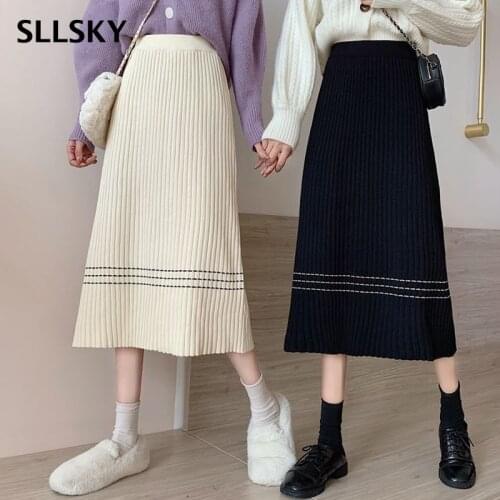 SLLSKY Casual Knitted Women Skirt 2021 Slim Elastic Waist Patchwork A-line Skirt Korean Chic Autumn New Wrap Hip Ladies Skirts