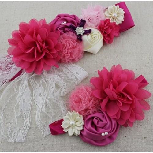 Yundfly 2pcs/set Girls Women Belt Sash with Elastic Headband Set Chiffon Flower Pregnant Women Maternity Belt Sash Photo Prop