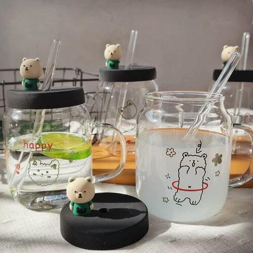 300ML Cute Cartoon Simple Drawing Bear Glass Student Fine Breakfast Water Cup Straws Anti Choking Glass With Handle Cup
