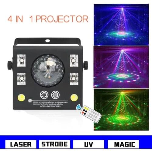 Free Shipping 4 in 1 LED Stage Projector Strobe Magic Crystal Ball UV Laser Effect Beam Spot For DJ Disco Remote Dmx