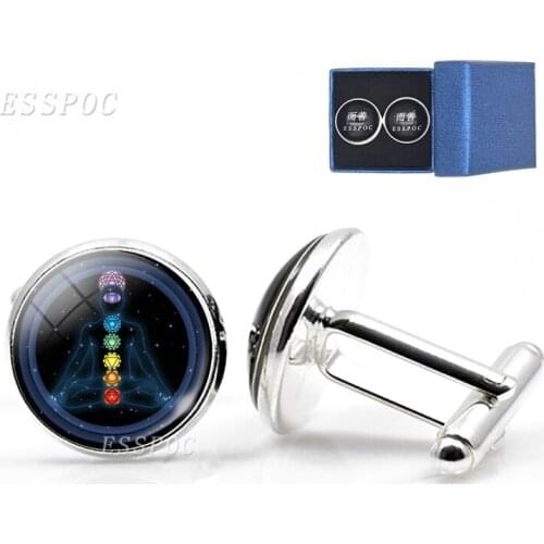 Magic Sign Chakra Symbols Cuff Links Vintage Zen Religion Pattern Alloy Cuff Links for Men Glass Cabochon Jewelry Husband Gifts