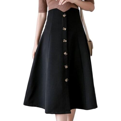 Button A-Line Skirt Womens Elegant Office Skirts 2021 Korean Fashion High Waist Female Solid Big Swing Loose Midi Skirt Falda