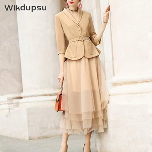 Skirt Suits For Women Fashion Two Piece Set 2021 Spring Autumn Fall Blazer Top & Tulle Pleated Long Skirt Work Formal Clothes