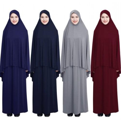 Women Muslim Islamic Arab Solid Color Turban Hijab Skirt Two-Piece
