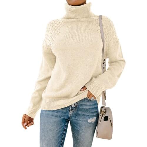 Female Sweater, Solid Color High Collar Long Sleeve Knitwear Pullover for Ladies, Brown/Army Green/Apricot, S/M/L/XL