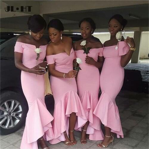 Pink Mermaid Hi low Bridemaid Dresses Off The Shoulder Wedding Guest Dress Simple African Black Women Bridemaid Dress