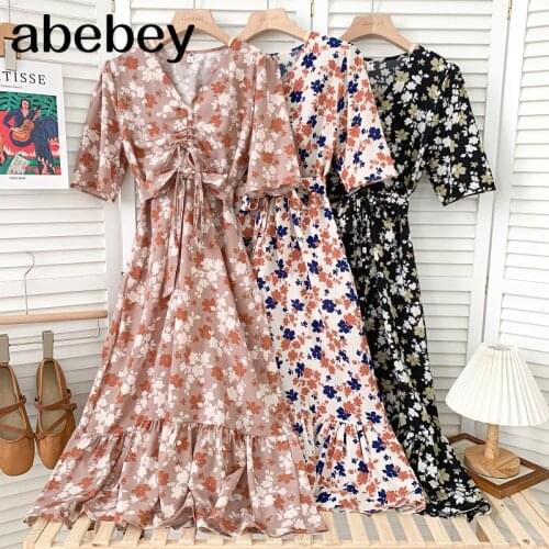 Fashion versatile V-neck short sleeve Dress drawstring pleated bandage waist Ruffles Dress 2021 New Summer Women