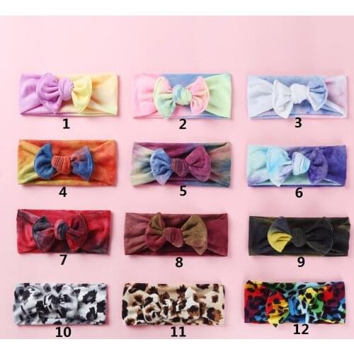 12 PCS/Lot , Baby Top Knot Headbands Tie Dye Knot Bow Turban Hairbands Girls Leopard Print Fabric Bow Headwraps