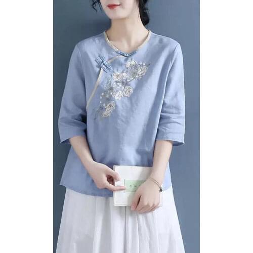 2021 New Retro Chinese Women Blouse Traditional Vintage Oblique Shirt Zen Summer Oriental Woman Tops Mandarin Collar Cheongsam