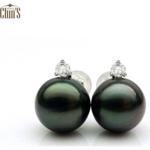 Free Shipping 8.5-9mm Round Black Real Tahitian Pearl Diamond Stud Earrings 18K White Gold #0207