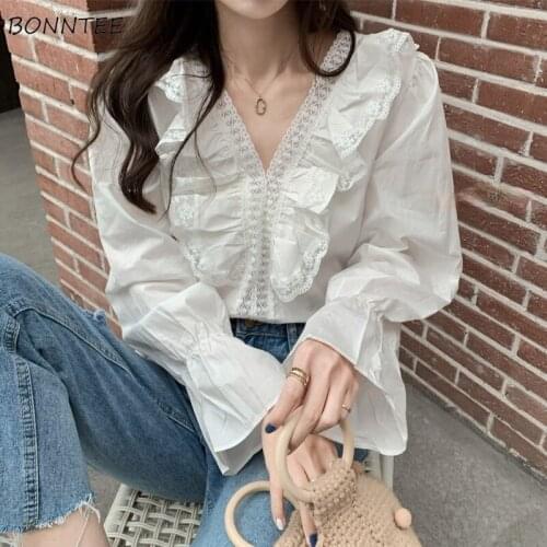 Y2K Blouses Women French All-match Soft Spring Blusas Mujer Pure Color Tunic Flare Sleeve Design Ruffles Teenager BF Style New