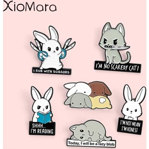 Assassinate The Rabbits Enamel Pins Custom Book Scissors Bunny Cats Brooch Lapel Badge Bag Cartoon Animal Jewelry Gift For Women