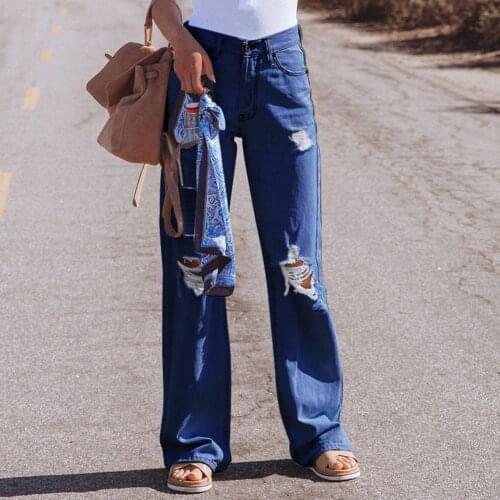 Stylish Cool Women Jeans Popular Female Washed Ripped Summer Autumn High Waist Straight Wide Leg Denim Pants Streetwear