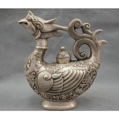 Crafts Arts 8'' China Culture Bronze Silver Statue Phoenix dragon Beast kettle Pot Healing Medicine 100% Brass Bronze