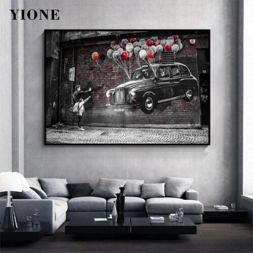 Modern Street Wall Graffiti Canvas Painting Balloon Floating Car Figure Abstract Art Poster Print Picture for Living Room Decor