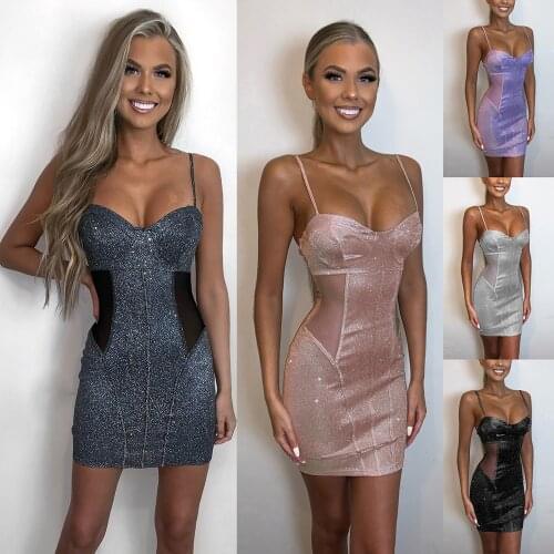 The Worlds Most Popular Woman Slim Tights Mesh Splicing Sexy Suspenders Girls Banquet Halter Glitter Dress for Ladies Top Party