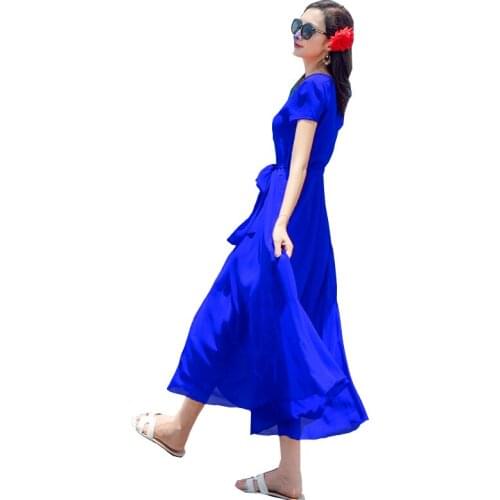 Korean 2021 New Elegant Summer Women Dress Large size Female Slim Chiffon Dress Fashion Fairy Red White Black Blue Dresses OK774