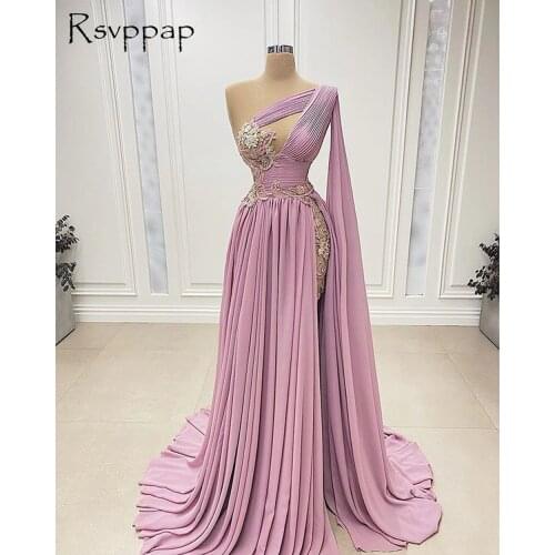 Beautiful Long Pink Chiffon Evening Dresses 2021 One Shoulder Pleat High Slit African Women Party Night Formal Gowns