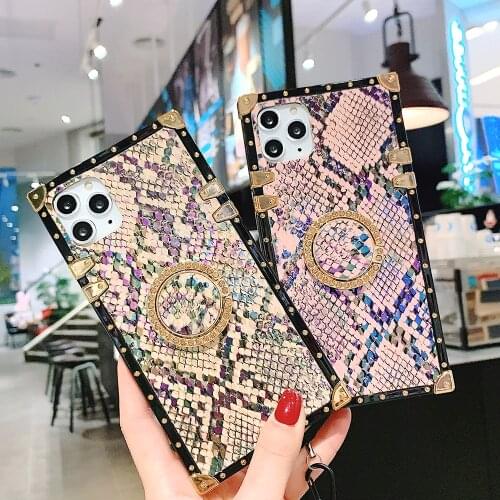 Snake Skin Square Case For Xiaomi Mi9 Redmi7 Redmi Note 8 Pro Note 9 Pro Note 9s Cover Glitter Diamand Finger Stand Strap Funda