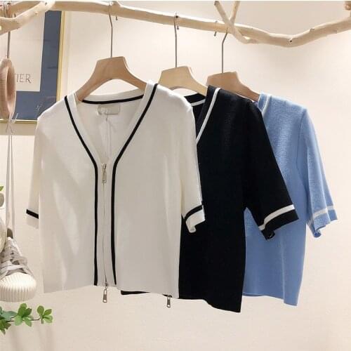 French Sweet Woman T-shirt Expose Waist SHORT Joker Knitwear Zip Coat VOGUE Trend Preppy Style Partysu Slit The Fairy Van