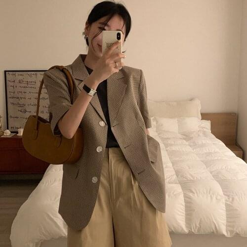 Simple Temperament Plaid Short Sleeve Suit Fashion Vintage Casacas Para Mujer Americana Mujer Blazer Work Wear Woman Suit