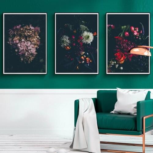 Nordic Modern Canvas Painting Dark Background Flowers Poster Wall Art Pictures For Living Room Bedroom Dining Room Studio