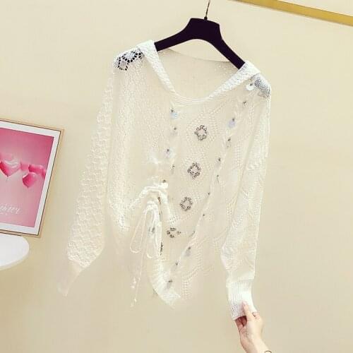 Hooded Sweater Women 2021 Autumn New Handmade Sequined V-neck Long Sleeve Pleating Pullover Hollow Knitwear Coat Female Pull