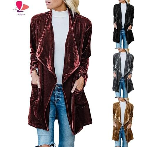 Women Velvet Coat Turn Down Collar Long Sleeve Female Cardigan Long Outerwear Casual Trench Coat Plus Size