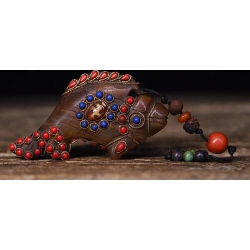 4"Tibet temple Old Natural agate Filigree mosaic Gem Dzi Bead Fish statue Fish every year Pendant Amulet Town House Exorcism