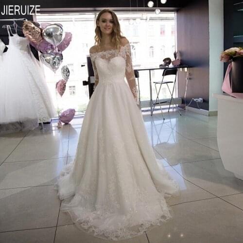 JIERUIZE Shiny Off Shoulder Wedding Dresses Boat Neck Long Sleeves Button Back Lace Appliques Bridal Gowns Vestido De Noiva