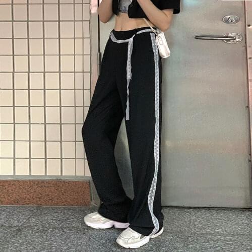 Straight Wide Leg Pants Womens Patchwork Joggers Women 2021 Summer Black Suit Pants Lace Design High Waist Loose Casual Trousers