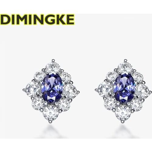 DIMINGKE Natural 6*9 Sapphire Sparkling Stud Earrings 100% S925 Sterling Silver Jewelry Party Women Birthday Commemorative Gift
