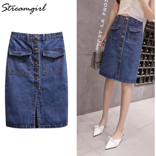 Womens Denim Button Skirt Midi Plus Size High Waist A Line Skirt Knee Length Jeans Skirts Summer Womens A-line Skirts For Women