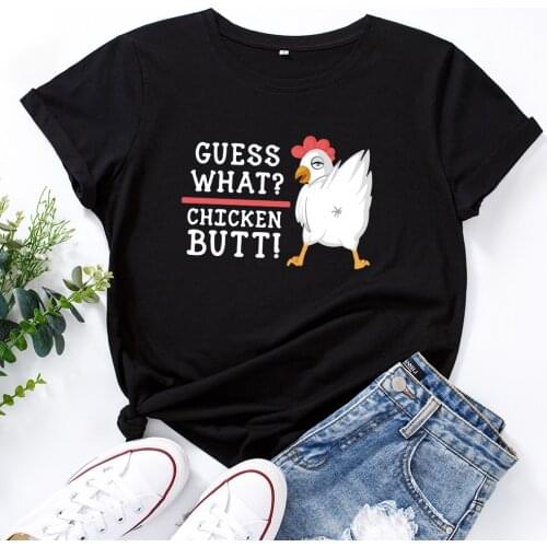 Womens Graphic Tees Cotton Short Sleeve Crew Neck Loose T Shirt Tops Female Summer Casual Clothes Guess What Chicken