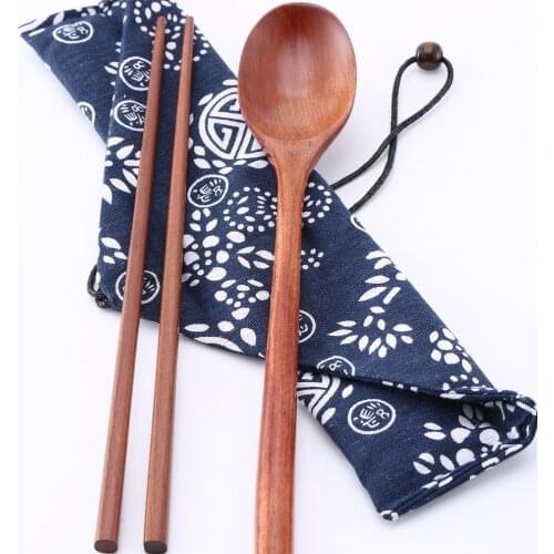Chinese Chopsticks Tableware Wooden Cutlery Sets With Spoon Fork Cloth Bag Environmentally Friendly Travel Portable Good Choice