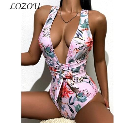 New Sexy Women Push Up Lace Bandage Bodysuit Deep V Neck Bathing Suit Swimwear Summer Swimsuit One-Piece Printed Long Straps