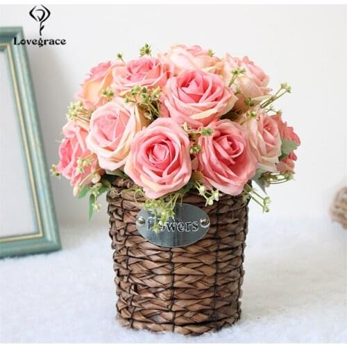 Lovegrace Bride Wedding Bouquet Flower Bridesmaid Artificial Silk Flower 9 Heads Rose Babys Breath Bouquet Home Wedding Decor