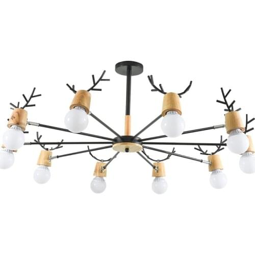 Macaron antler chandelier simple post modern LED chandeliers bedroom dining room iron and wood deer head ceiling lamp E27