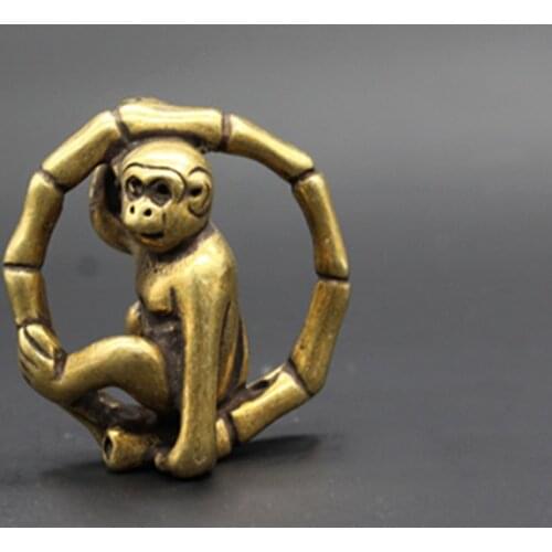 Mini) Elaborate Interesting Chinese Brass Monkey Sitting on the Bamboo Circle Auspicious Statue Pendant